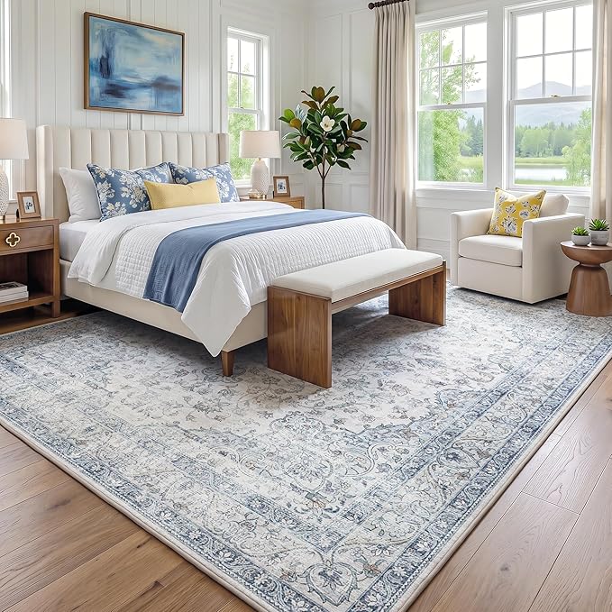 FMFUNCTEX 6x9 Blue Washable Area Rug Vintage Distressed Oriental Non Slip Low Pile Neutral Indoor Carpet for Living Room Bedroom Soft Retro Floral Thin Large Rug for Dining Nursery Office Dorm