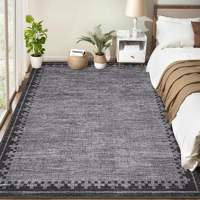 GarveeHome Neutral Area Rug 4x6 Geometric Bordered Washable Living Room Bedroom Grey Carpet Non Slip Stain Resistant Low Pile Indoor Rugs for Home Office Dining Room Kitchen, Grey