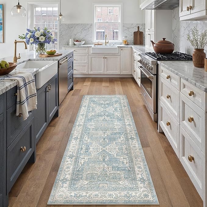 2x5 Washable Vintage Runner Rug Blue Oriental Hallway Kitchen Throw Rug Neutral Non Slip Soft Low Pile Carpet for Bathroom Laundry Bedroom Living Room