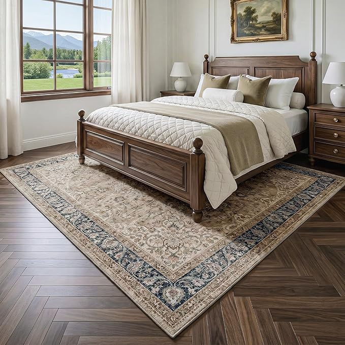 FMFUNCTEX 5x7 Brown Washable Area Rug Vintage Distressed Oriental Non Slip Low Pile Neutral Indoor Carpet for Living Room Bedroom Soft Retro Floral Thin Large Rug for Dining Nursery Office Dorm