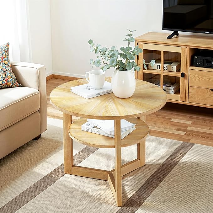 25" Round Coffee Table for Small Spaces, Circle Wood Coffee Table with Storage Shelf, 2 Tier Small Center Table for Living Room Apartment Home Furniture, Easy Assembly (Natural Brown,25"Dx25"Wx20"H)