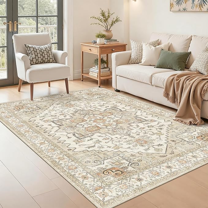 Area Rugs for Living Room - 3x5, Boho Non-Slip Low Pile Carpet Machine Washable Rugs for Bedroom, Farmhouse, Office, Dining Room (Gold)