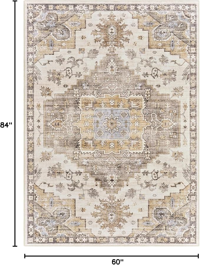 befbee 5x7 Area Rugs for Living Room, Stain Resistant Neutral Washable Rugs for Dining Rooms, Floral Vintage Non-Slip Thin Large Size Area Rug(Brown)