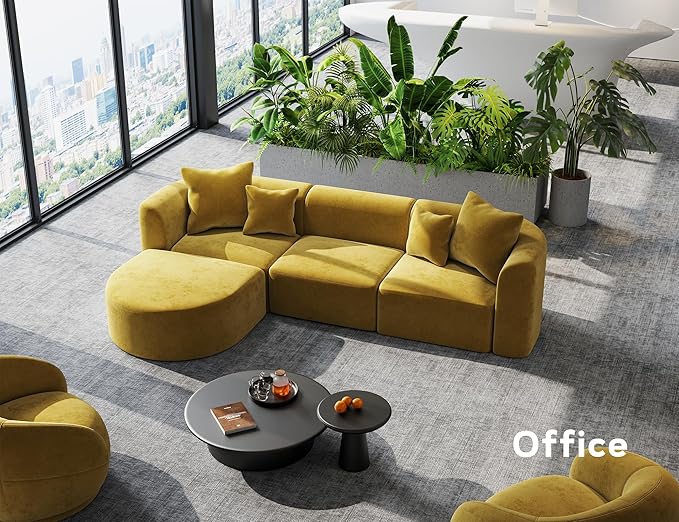 116" Modular Sectional Couches with Ottoman, Luxury Modern Curved Back Sofa, Minimalist Style Oversized 4 Seat Deep Comfy Convertible L Shape Boneless Couch for Living Room Studio Apartment, Yellow