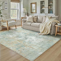 6x9 Washable Area Rug Teal Beige Abstract Non Slip Soft Low Pile Rug for Living Room Bedroom Dining Room Office Neutral Modern Indoor Throw Carpet for Home Decor