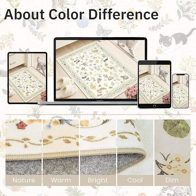 Soalmost Cat 9x12 Area Rugs for Living Room, Machine Washable Animal Floral Vintage Rug Non-Slip Low Pile Soft Throw Large Rugs for Bedroom Dining Room Kitchen Nursery Playroom (9 x 12,Beige)