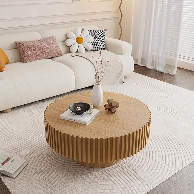 31.49" Round Coffee Table Wood, Modern Drum Fluted Oak Coffee Table for Living Room, Contemporary Minimalist Low Circle Center Table Side Table for Apartment, Farmhouse, Office Natural Ash