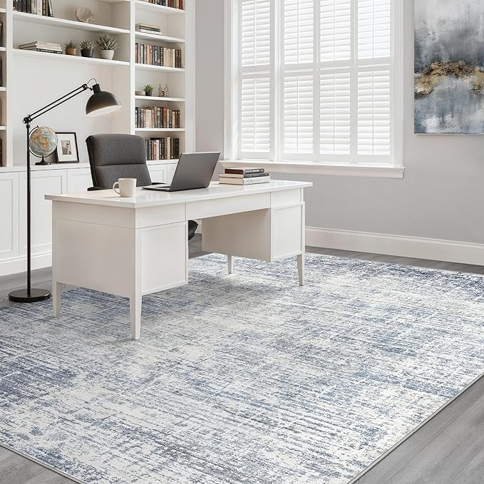 12x18 Rug for Living Room: Washable Large Neutral Blue Area Rug Abstract Soft Modern Stain Resistant Indoor Floor Non-Slip Carpet for Bedroom Nursery Kids Office Playroom Dining Room Under Table Home
