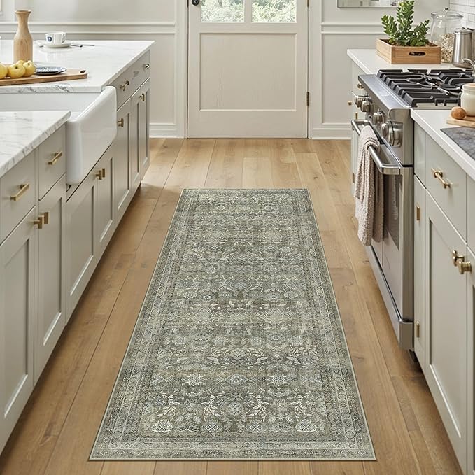 2x6 Washable Floral Hallway Runner Rug Kitchen Vintage Low Pile Non Slip Area Rug Soft Stain Resistant Carpet Distressed Door Mat Entryway Bedroom Living Room Indoor Stair