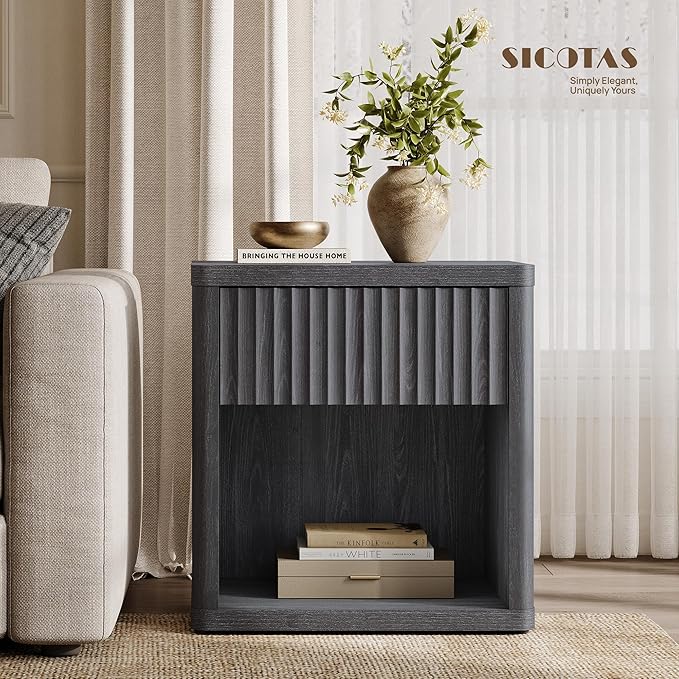 SICOTAS Night Stand Set of 2 Nightstands with Drawer Storage Fluted Bed Side Table End Table Large Modern Wide Bedside Mid Century Night Stands for Bedroom Living Room Sofa Office, Dark Grey Alder