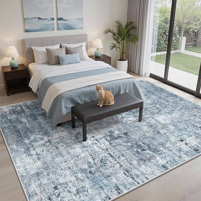 Soalmost Abstract Rug 5x7 Machine Washable Area Indoor Blue Low Pile Non-Slip Foldable Thin Accent Rugs for Bedroom Living Room Dining Room