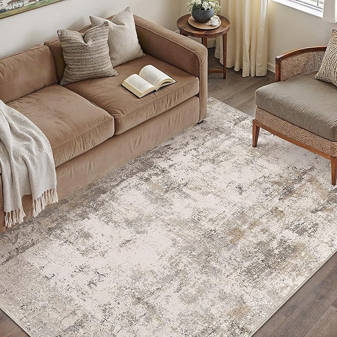 4x6 Washable Area Rug Brown Grey Abstract Non Slip Soft Low Pile Rug for Entryway Kitchen Bathroom Neutral Modern Throw Carpet for Living Room Bedroom Home Decor