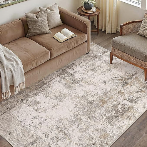 4x6 Washable Area Rug Brown Grey Abstract Non Slip Soft Low Pile Rug for Entryway Kitchen Bathroom Neutral Modern Throw Carpet for Living Room Bedroom Home Decor