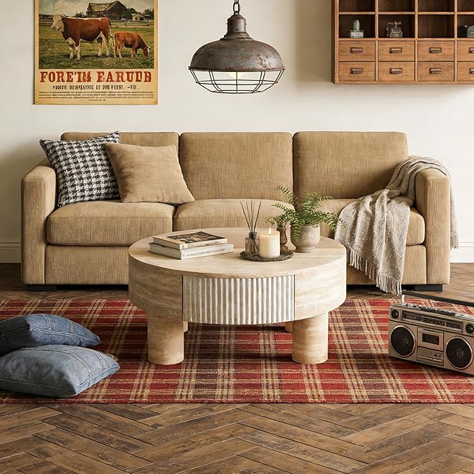 31.5" Round Coffee Table with Flip Top and Hidden Storage, Faux Marble Tabletop for Living Room, Modern Wooden Circle Center Table, Tea Table for Apartment, Office, Beige Mars Pattern