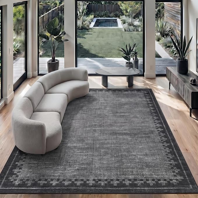 GarveeHome Washable 9x12 Large Area Rug for Living Room Bedroom Modern Non Slip Low Pile Carpet Geometric Cross Brdered Stain Resistant Grey Bedroom Laundry Room Rugs Kids-Friendly& Pets-Friendly