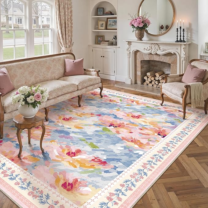 6x9 Washable Area Rug Pink Blue Living Room Bedroom Floral Throw Rug Abstract Modern Non Slip Soft Low Pile Carpet for Dining Room Office Nursery Indoor