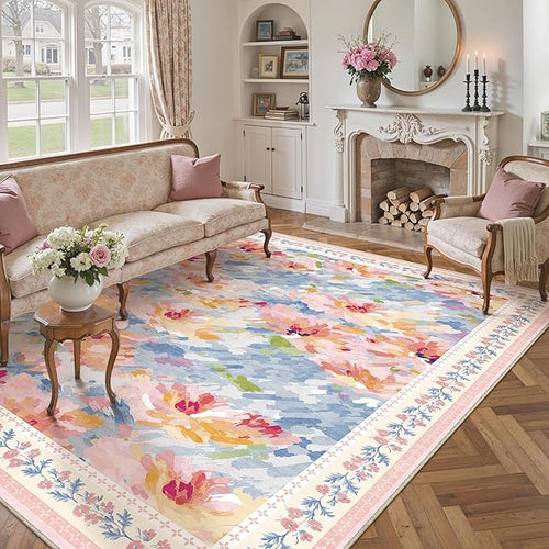8x10 Washable Area Rug Pink Blue Living Room Bedroom Floral Throw Rug Abstract Modern Non Slip Soft Low Pile Large Carpet for Dining Room Office Nursery