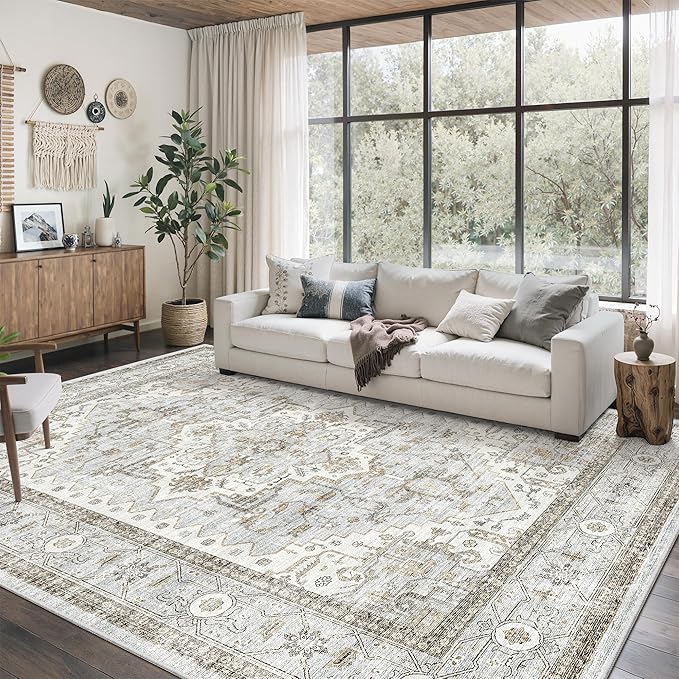 befbee 8x10 Area Rugs for Living Room, Stain Resistant Neutral Washable Rugs for Dining Room, Floral Vintage Non-Slip Thin Large Size Area Rug （Blue＆Beige）