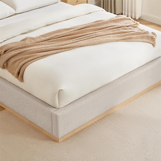 KISLOT Upholstered Queen Size Bed Frame, Boucle Fabric Platform Bed Mattress Foundation Noise-Free No Box Spring Needed Easy Assembly