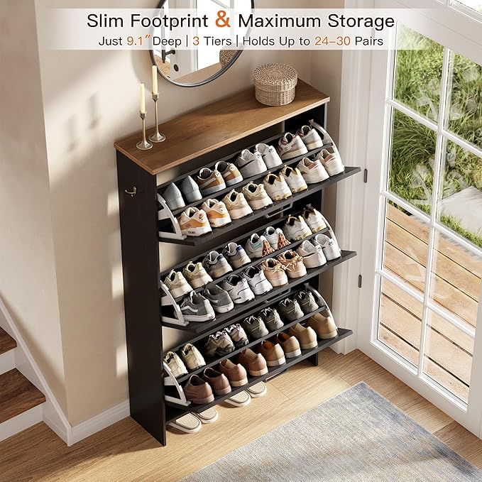 Shaker Barn Door Shoe Cabinet - 3 Flip Drawers & 3-Tier Adjustable Shelves, Ultra Slim Freestanding, Modern Rustic Brushed Black Farmhouse Shoe Rack for Entryway, Hallway, Foyer & Mudroom Black