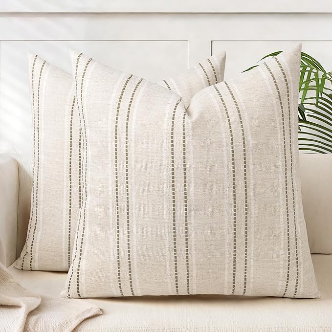 AELS 22x22 Decorative Farmhouse Linen Throw Pillow Covers, Boho Textured Pillow Case, Set of 2, Beige with White & Brown Stitch Yarn Dyed Stripe Cushion Cover for Sofa Couch Living Room (Cover ONLY)