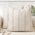 AELS 24x24 Decorative Farmhouse Linen Throw Pillow Covers, Boho Textured Pillow Case, Set of 2, Beige with White & Navy Blue Stitch Yarn Dyed Stripe Cushion Cover for Couch Living Room (Cover ONLY)
