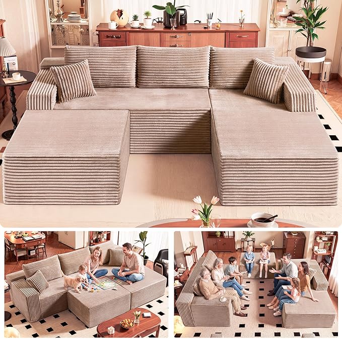 No Assembly Cloud Modular Sectional Sofa，108" U-Shape Corner Couch with Ottoman - Plush Corduroy, Deep Seating, Right Chaise (Camel) | Modern Minimalist Living Room Furniture