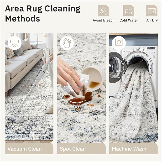 Soalmost 9x12 Area Rugs for Living Room, Non Slip Machine Washable Vintage Rugs, Low Pile Lightweight Large Rug for Bedroom, Dining Room, Home Office Blue/Ivory