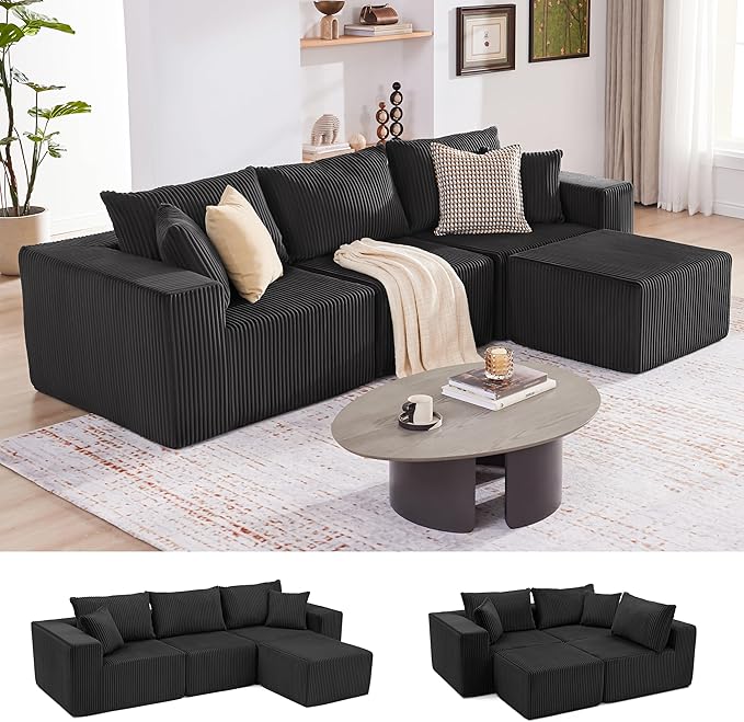 Weture 107.4" Cloud Couch Sectional, Modular Sofa with Deep Seat, Plush Corduroy L Shaped Boneless Couch, Convertible Sectional Couches for Living Room, 4Seat, Black