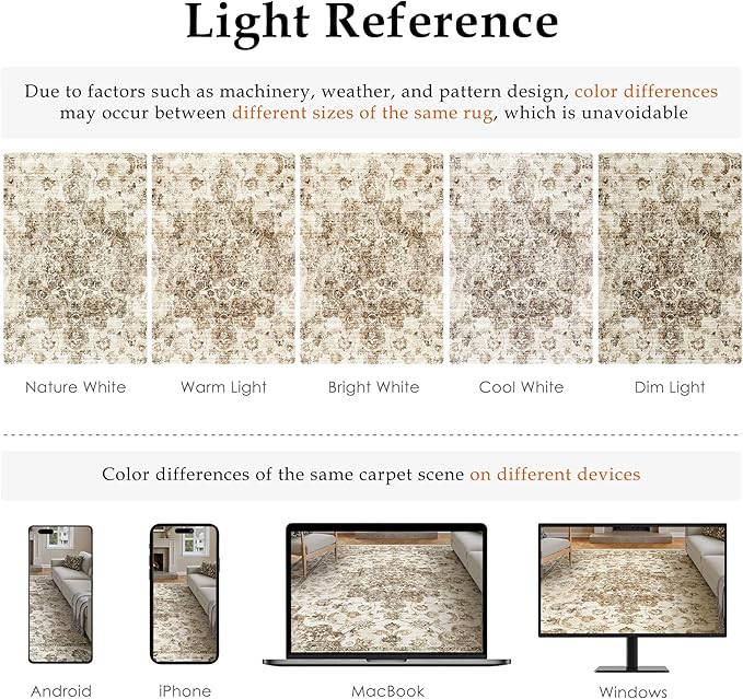 6x9 Washable Neutral Area Rug Brown Vintage Living Room Bedroom Carpet Non-Slip Soft Low Pile Farmhouse Indoor Throw Rug for Dining Room Entryway Office