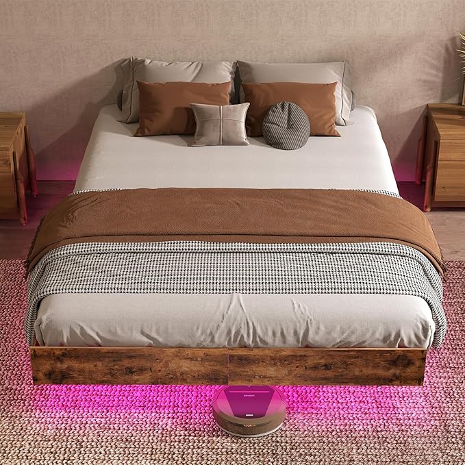Floating Bed Frame King with LED Lights, Metal Platform King size Floating Bed Frame with Under Bed Storage, Heavy Duty Steel Slats Support, No Box Spring Needed, Noise Free, Easy Assembly, Brown