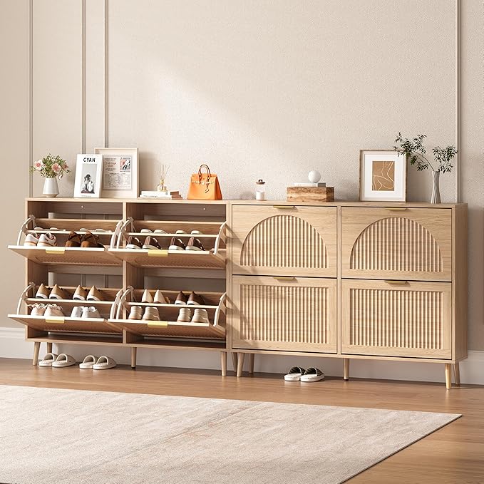 BORNOON Shoe Cabinet for Entryway with 4 Flip Drawers, Slim Wooden Shoe Storage Organizer with Modern Fluted Pannel，Freestanding Narrow Hidden Shoe Rack for Hallway, Foyer, Living Room