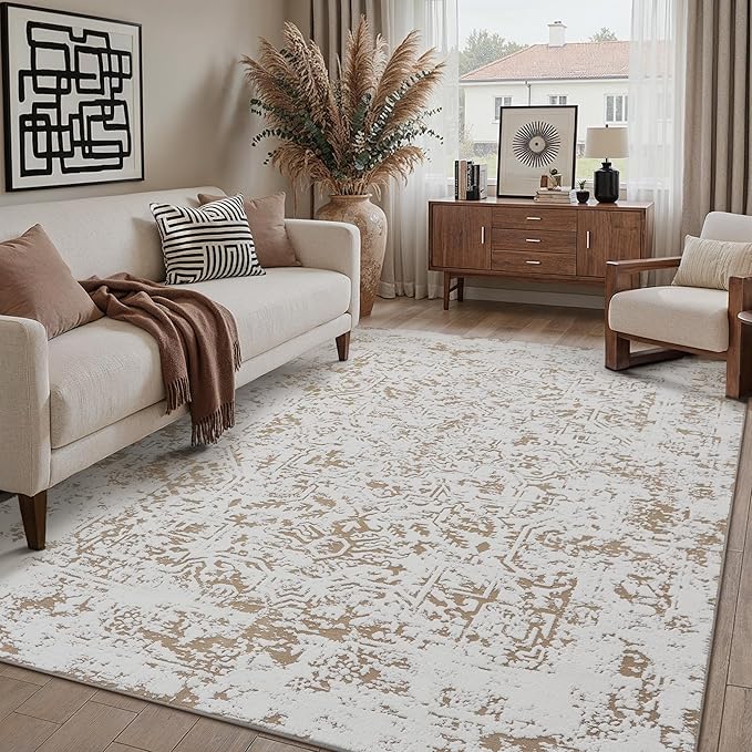 8x10 Fluffy Area Rug Brown Shag Neutral Carpet for Living Room Soft Medium Pile Floral Large Rug for Bedroom Dorm Office Dining Room Kitchen Nursery Modern Decor