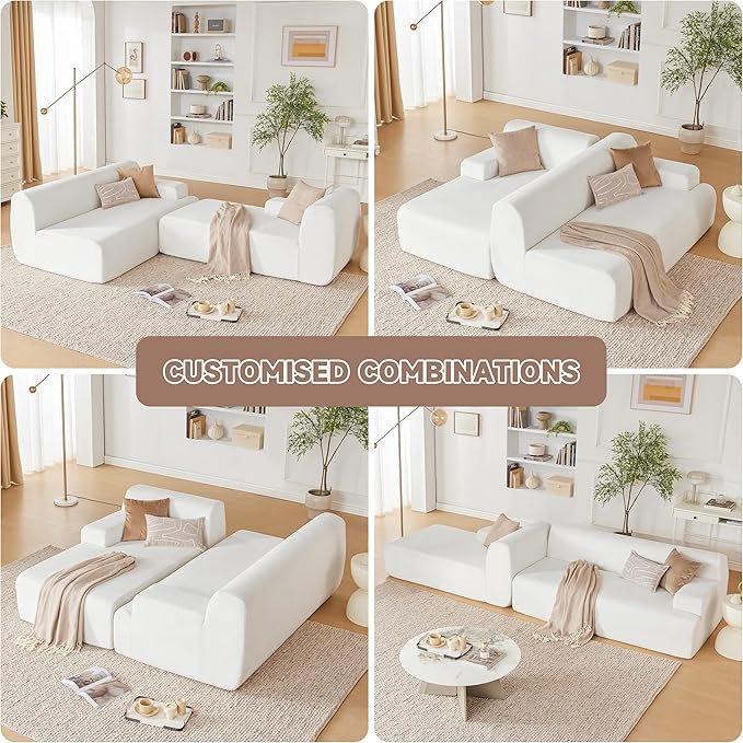 Weture 107" Modular Sectional Cloud Couch, Boneless couches Sponge sectionals for Living Room, High Density Sponges Sofa, Modular L-Shape with Chaise, White