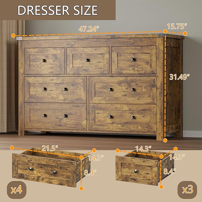 BORNOON 7-Drawer Dresser, Modern Wooden Storage Chest of Drawers, Dresser TV Stand, Wood Drawer Organizer with Metal Handles for Bedroom, Living Room, Hallway