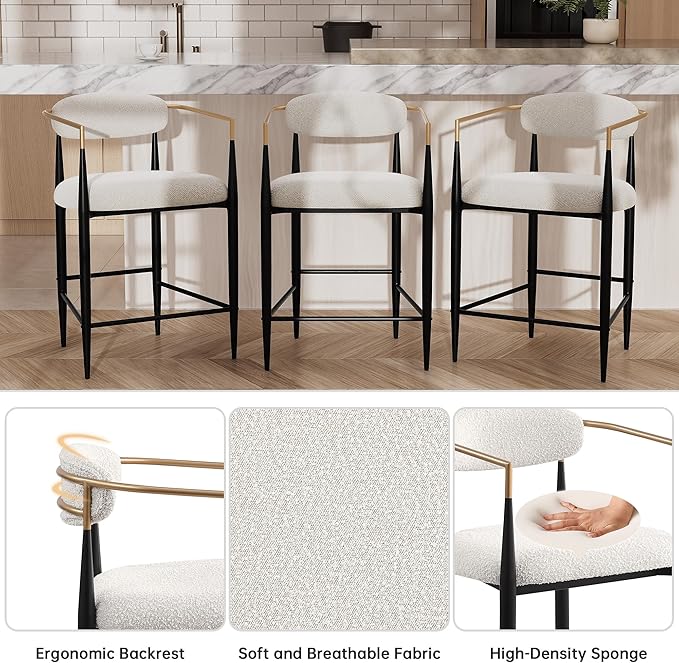Morden Fort Counter Height Bar Stools Set of 4, Modern Upholstered Counter Stools with High Backs and Black Metal Legs, 26 Inch Island Chairs for Kitchen and Home Bar