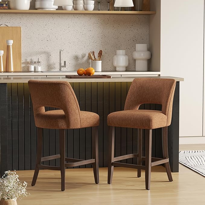 VKNOW Bar Stools Set of 2, 26" Upholstered Counter Height Bar Stools,Modern Counter Stools with Wood Legs for Kitchen Island Dining Room,Orange