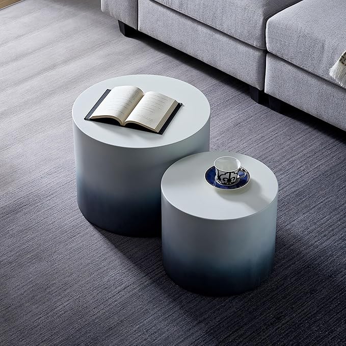 WILLIAMSPACE 18.9" Gradient Color Nesting Coffee Table Set of 2 for Living Room, Modern Round Coffee Tables Accent Circle Tea Table Set for Small Space, No Assembling, White + Blue
