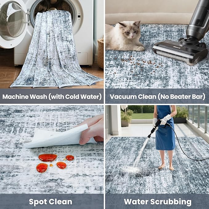 5x7 Area Rugs Washable Rug:Anti-Skid Abstract Modern Living Room Rug Soft Thin Carpets Indoor Floor Non-Shedding Carpet for Bedroom Dining Farmhouse Nursery Home Office(Light Slate Blue/White, 5x7)