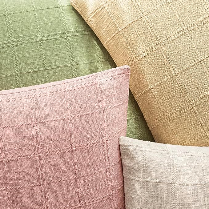 Foindtower Set of 2 Decorative Linen Check Throw Pillow Covers Neutral Farmhouse Vintage Cushion Covers Modern Boho Accent Home Decor for Sofa Chair Couch Bedroom Living Room,24×24 Inch,Light Pink