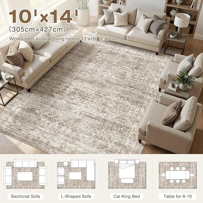cotiled Large Area Rugs for Living Room 10x14, Machine Washable Rugs with Non Slip Backing Modern Neutral Abstract Rugs Stain Resistant Distressed Carpets for Home Decor (10x14 Dark Brown)