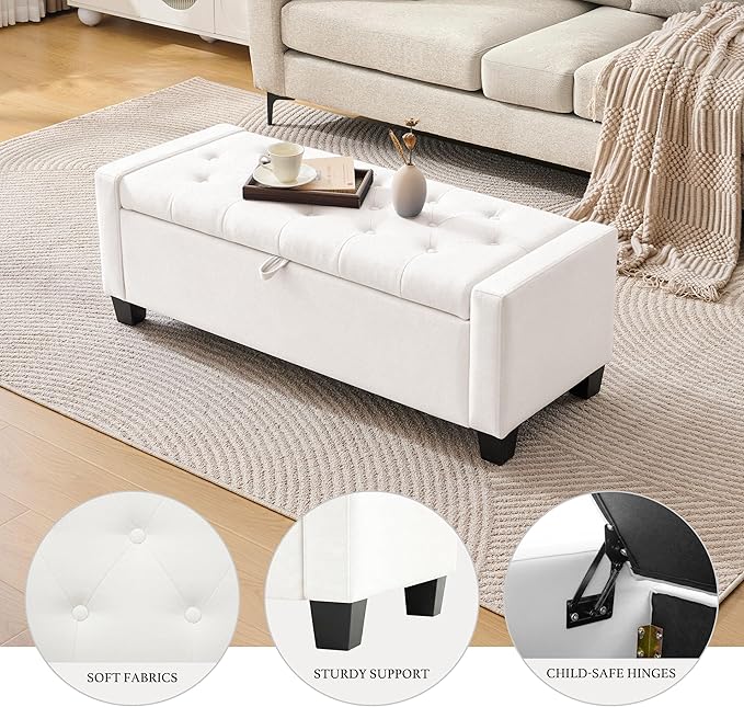 Huatean Home 43" Ottoman with Storage, White Storage Ottoman Bench with Safety Hinge, Upholstered Entryway Bench with Seating for Bedroom, Living Room, Holds up to 330 lb