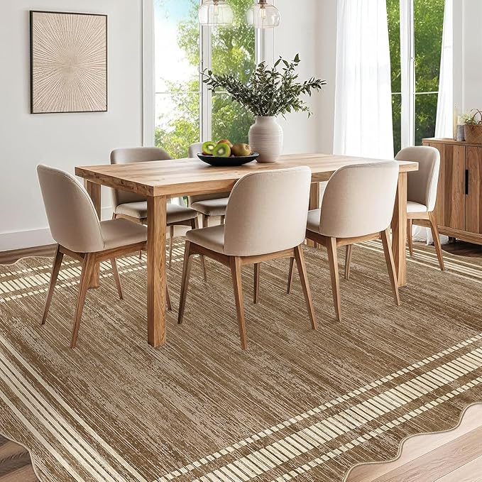 Garvee Scalloped Large Modern Abstract Area Rug 10x13 Washable Rug for Living Room, Non-Slip Soft Carpet for Bedroom, Scalloped Low-Pile Solid Print Accent Rug for Dining Room Home Office, Brown