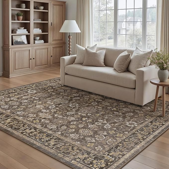 5x7 Brown Washable Vintage Area Rug for Living Room Soft Floral Non Slip Large Rug Modern Low Pile Stain Resistance Indoor Carpet Bedroom Office Playroom Dining Laundry Room Kitchen