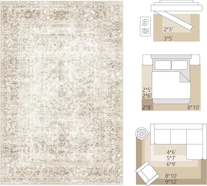 FMFUNCTEX 12x15 Washable Area Rug Beige Vintage Neutral Distressed Large Non Slip Carpet for Living Room Bedroom Soft Low Pile Indoor Mat Retro Floral Throw Rug for Dining Room Kitchen Office Nursery