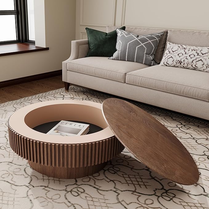 Round Coffee Table with Storage, Modern Handcraft Drum Coffee Table Wood Circle Center Table for Living Room Apartment, 31.49" Walnut