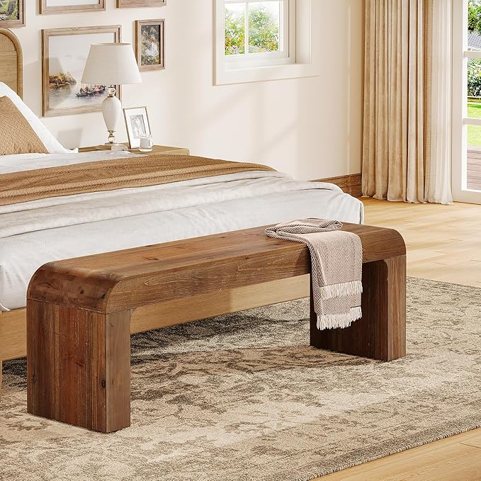 Solid Wood Dining Bench, 55" Wood Bench Indoor for Entryway, End of Bed Bench with Thick Block Seat, Modern Farmhouse Wooden Bench for Dining Table, Bedroom, Hallway, Rustic