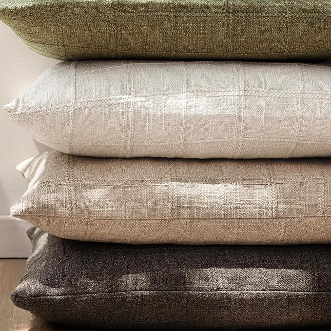 Foindtower Set of 2 Decorative Linen Check Throw Pillow Covers Neutral Farmhouse Lumbar Cushion Covers Modern Coastal Boho Home Decor for Sofa Chair Couch Bedroom Living Room,12×20 Inch,Camel