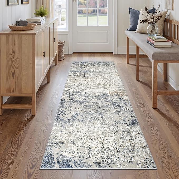 Art&Tuft Runner Rug 2'6"x8' - Anti-Slip Backing Abstract Hallway Rug, Stain Resistant Kitchen Runner, Foldable Machine Washable Runner Rug(2'6"x8', Blue)