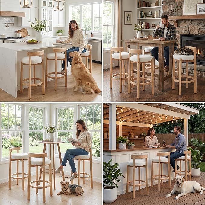 LukeAlon Mid Century Sherpa Bar Stools Set of 4, 30.25" Seat Height Upholstered Barstools with Wood Legs Modern Tall Bar Chair with Curved Low Back Round Footrest for Pub Home Kitchen Island, White